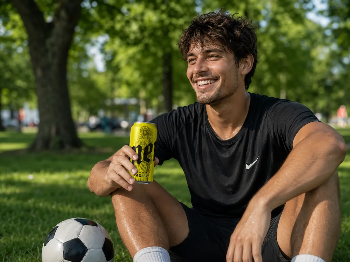 Football player resting on the grass with an Amen Radler can