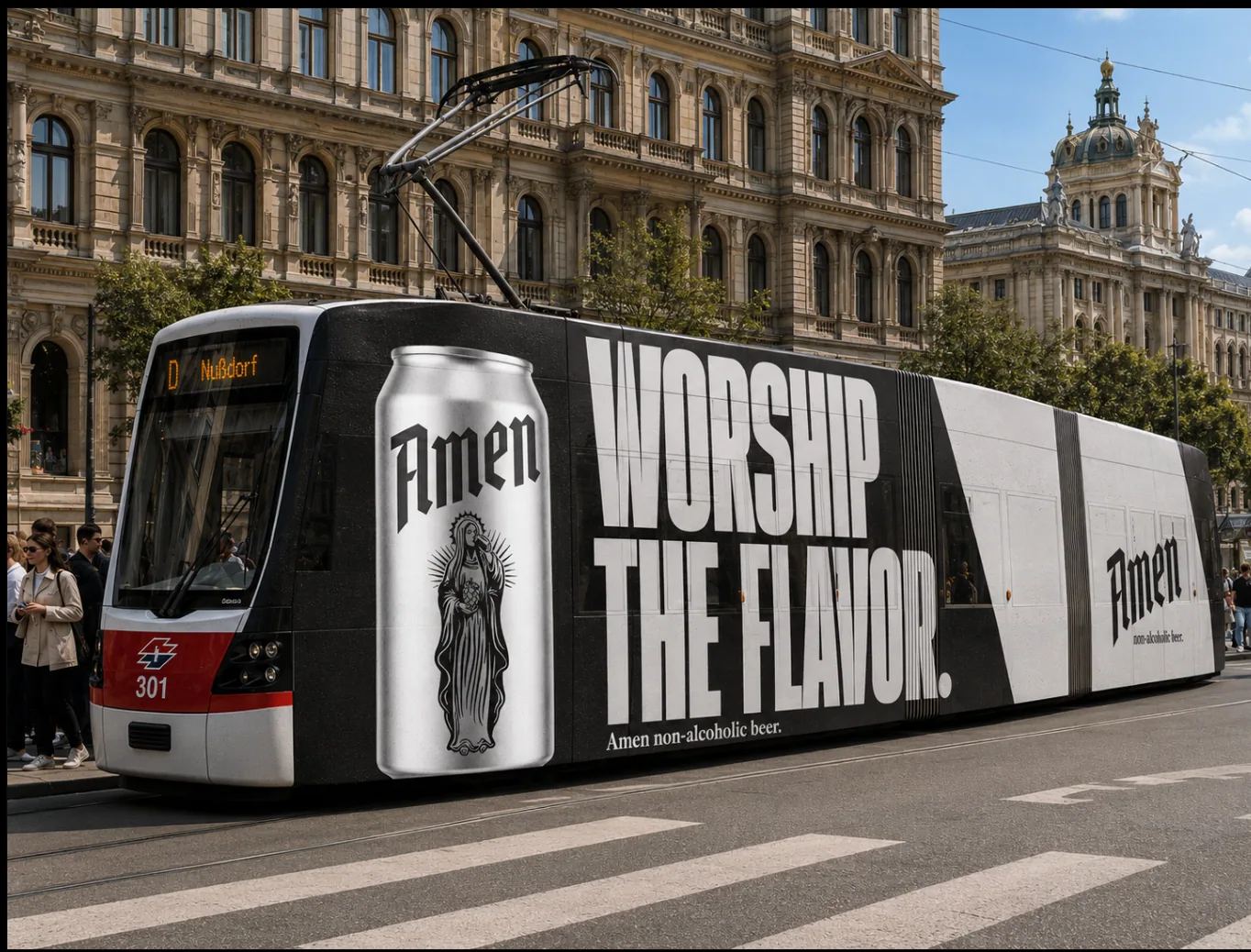 Vienna tram wrapped in Amen 'Worship the Flavor' campaign