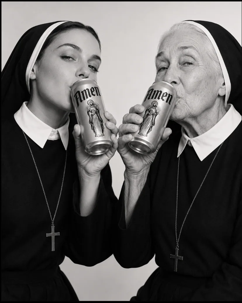 Two nuns sharing an Amen can — 'cheers' portrait