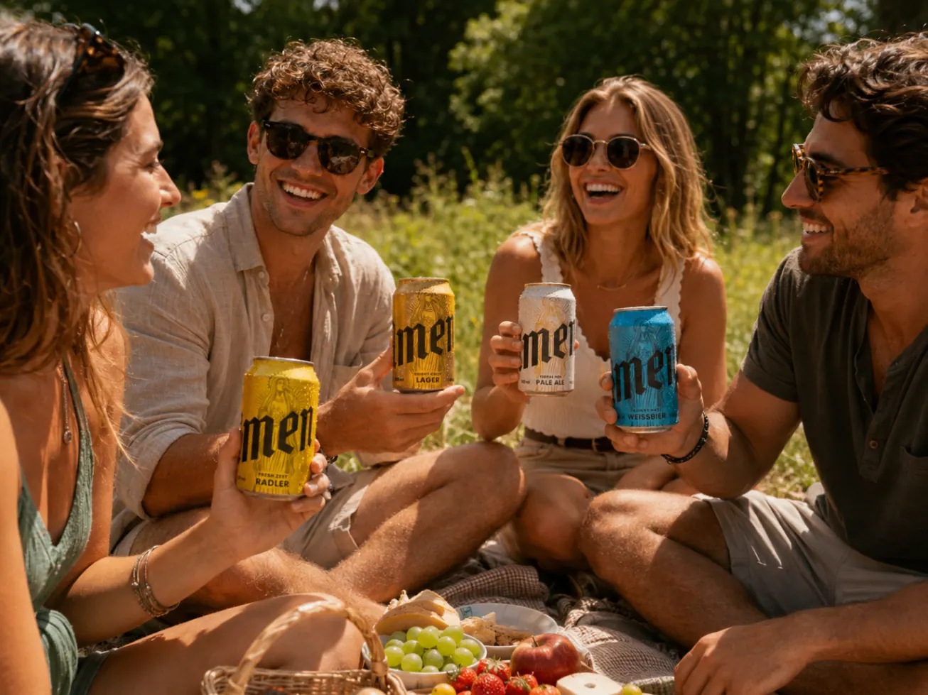 Friends at a picnic holding the full range of Amen cans